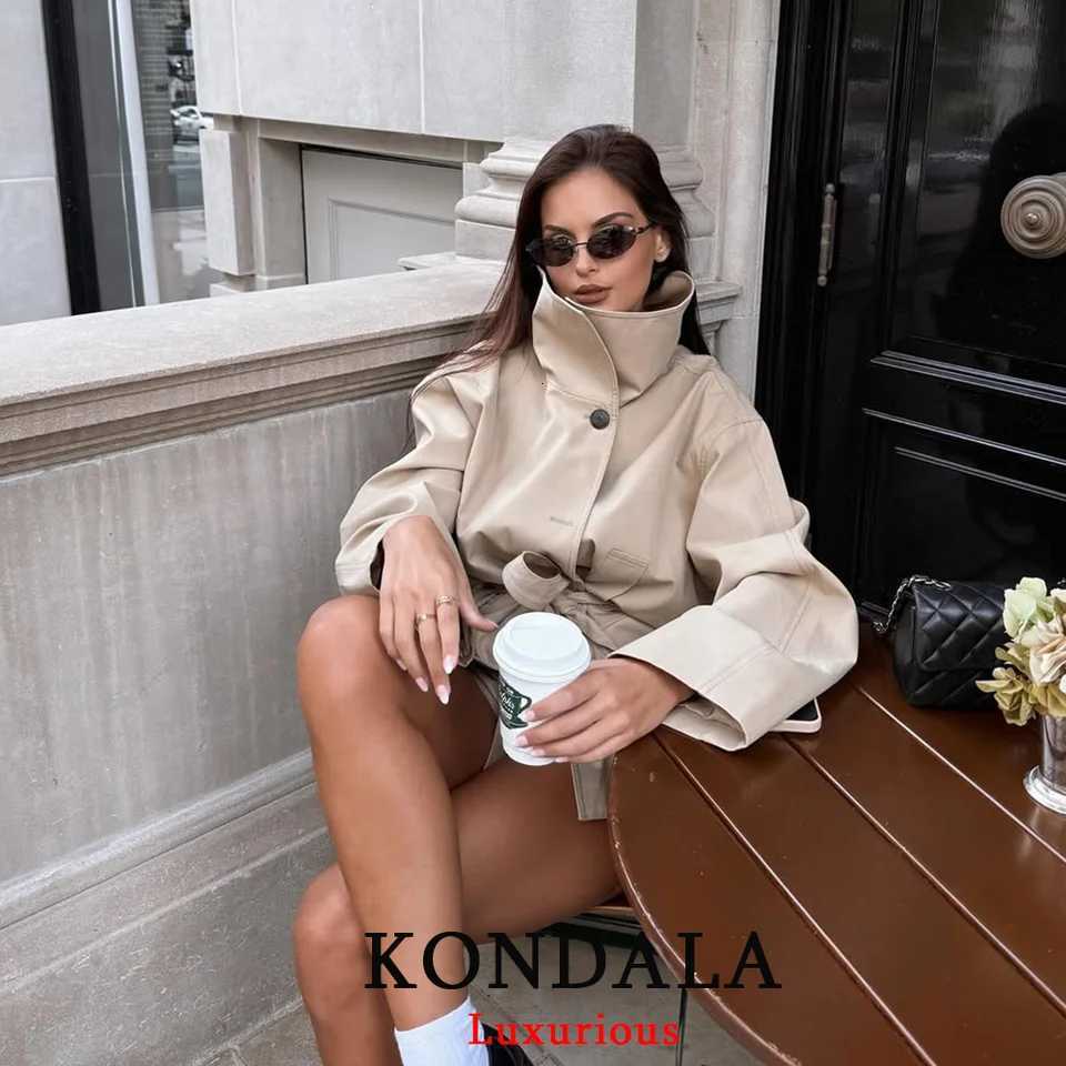 KONDALA Office Lady Chic Khaki Trench Jackets Women Long Sleeve Single Buttons Loose Coats Fashion 2025 Fall Stand Collar JacketT251216