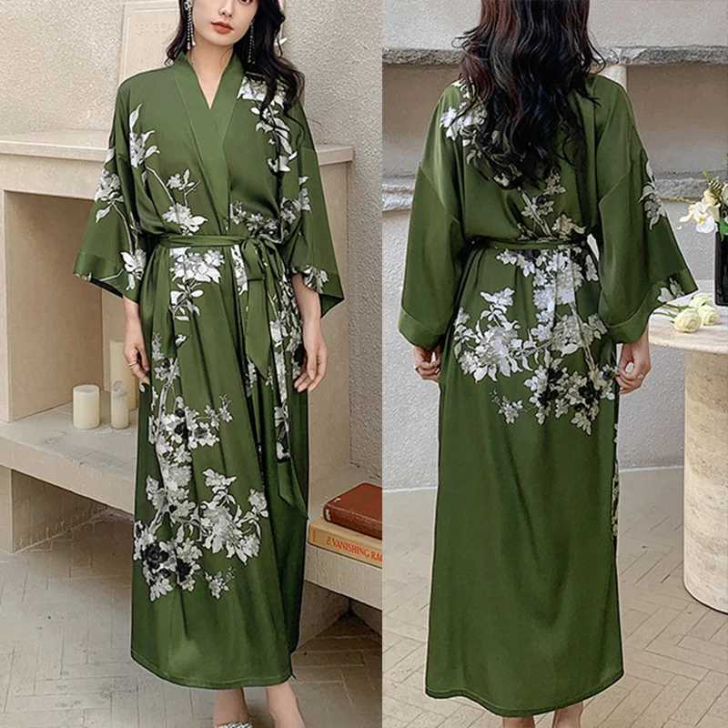 Print Flower Long Kimono Bathrobe Gown Sexy Women Half Sleeve Wedding Robe Nightgown Spring Summer Rayon Home Dress Sleepwear C251216