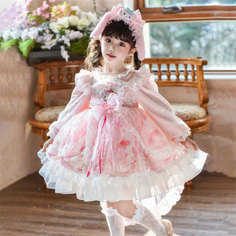 Sanrio Anime My Melody Girls Lolita Princess Party Dress with Bow Decoration Ruffled Tutu Skirt Layered Design for Halloween Gift H251216
