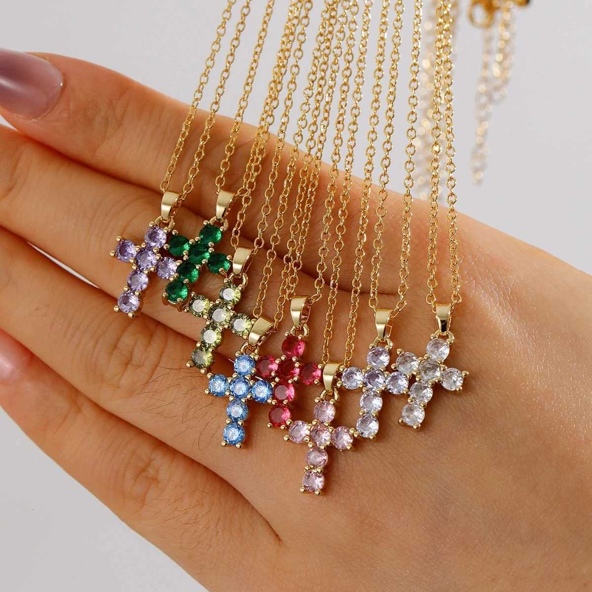 Birthstone Necklace 18K Gold Plated Zircon Necklace Cross Pendant Necklace for Women M251216