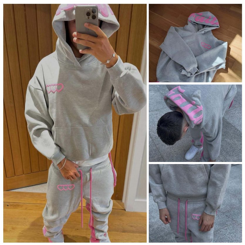 FAITH Men's Designer Hoodies Heart Pattern 3D Foam Print Sweatshirt Unisex Fashionable Long Sleeved Pullover Hooded Sweatshirt Pants Two-piece Se