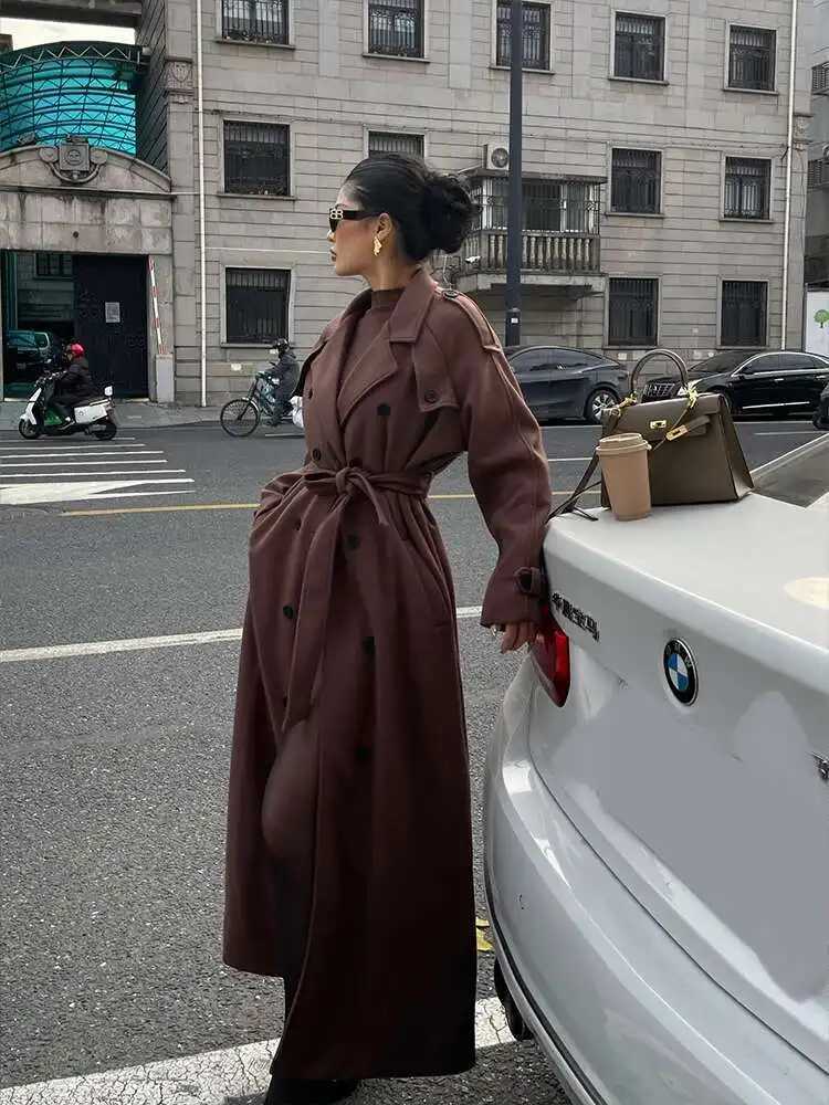V-neck Double Breasted Temperament Windbreaker Woolen Coat Womens Winter New Loose Casual Long Coat Trench Brown Tops LS1XT251216