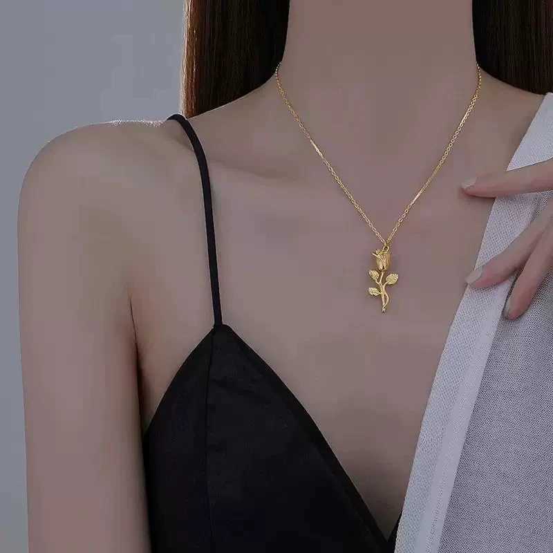 Womens Stainless Steel Rose Necklace Three-dimensional Rose Necklace Valentines Day Gift M251216