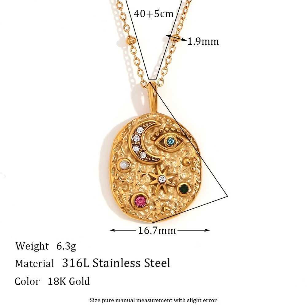 Colored Cubic Zirconia Star Moon Texture Pendant Stainless Steel Retro Luxury Necklace Rings Set Waterproof Jewelry Gift M251216