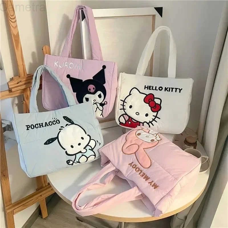 Sanrio MINISO Disney Handbag Cartoon Cute Down Fabric Kuromi Tote Bag Shoulder Cute Stationery Bag Large Capacity Handbag 2024 H251216