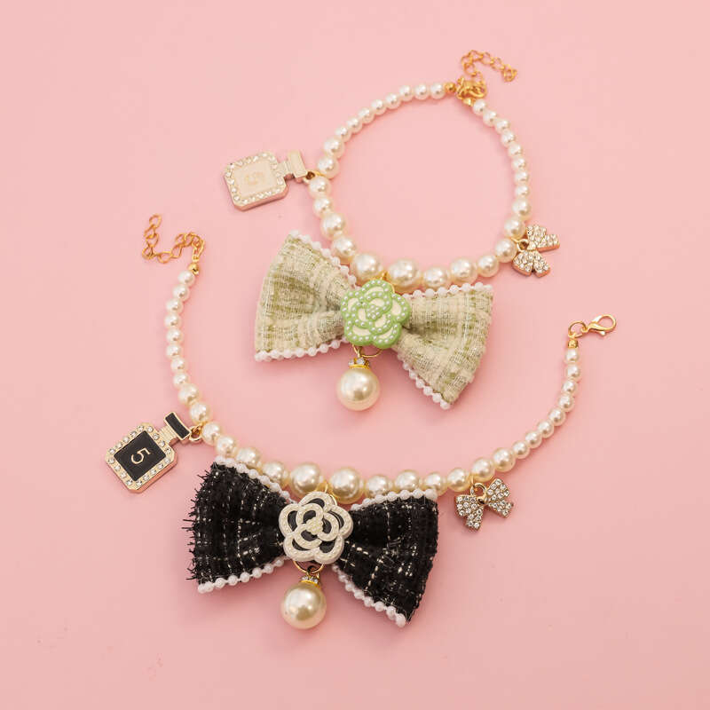 Pearl Pet Necklace Cat Dog Collar Small Fragrance & Style Bowknot Vintage Noble Lady Camellia Rhinestone Decoration