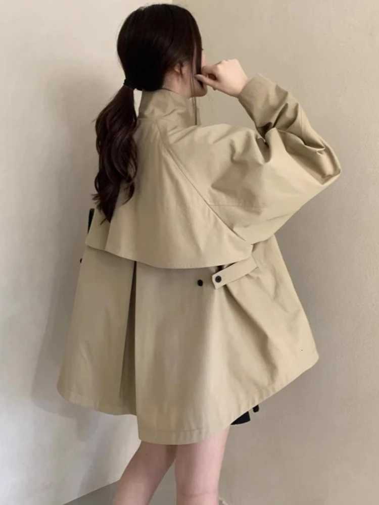 Korean Style 2025 New in Autumn and Winter Fashionable Khaki Color Stand Collar Dress Coat for Women with Stylish Flared HemT251216
