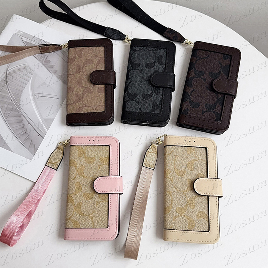 Luxury Designer Wallet Phone Case for iPhone Air 17 16 15 14 13 12 Pro Max 11 Samsung S26 S25 S24 S23 Plus S22 Ultra Full Leather Protection Folio Purse Cover Wrist Strap