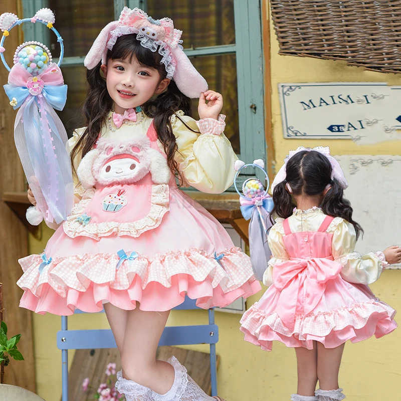 Sanrio Anime Dress My Melody Lolita Dress Girls Princess Dress Lace Party Kids Bow Decoration Ruffled Tutu Skirt Princess Costume Gift H251216
