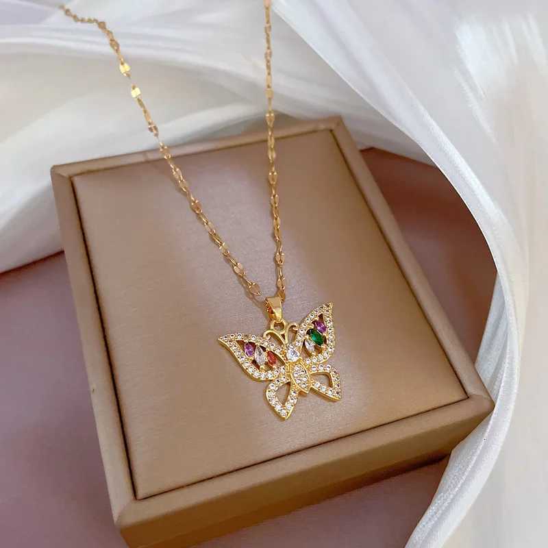 Yupsk Exquisite Titanium Steel Chain Shiny Zircon Butterfly Pendant Necklace for Women Niche Anniversary Birthday Jewelry Gift M251216