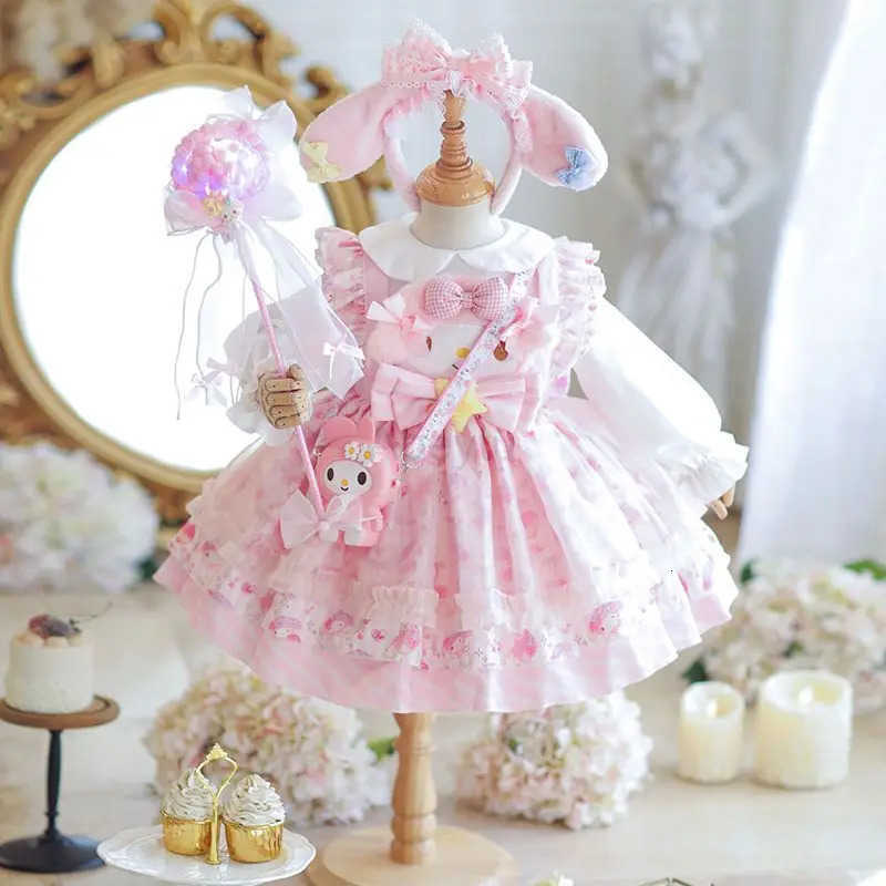 Sanrio My Melody Girls Lolita Princess Dress Party Dress Bow Decoration Dress Ruffled Tutu Skirt Anime Layered Dress Halloween H251216