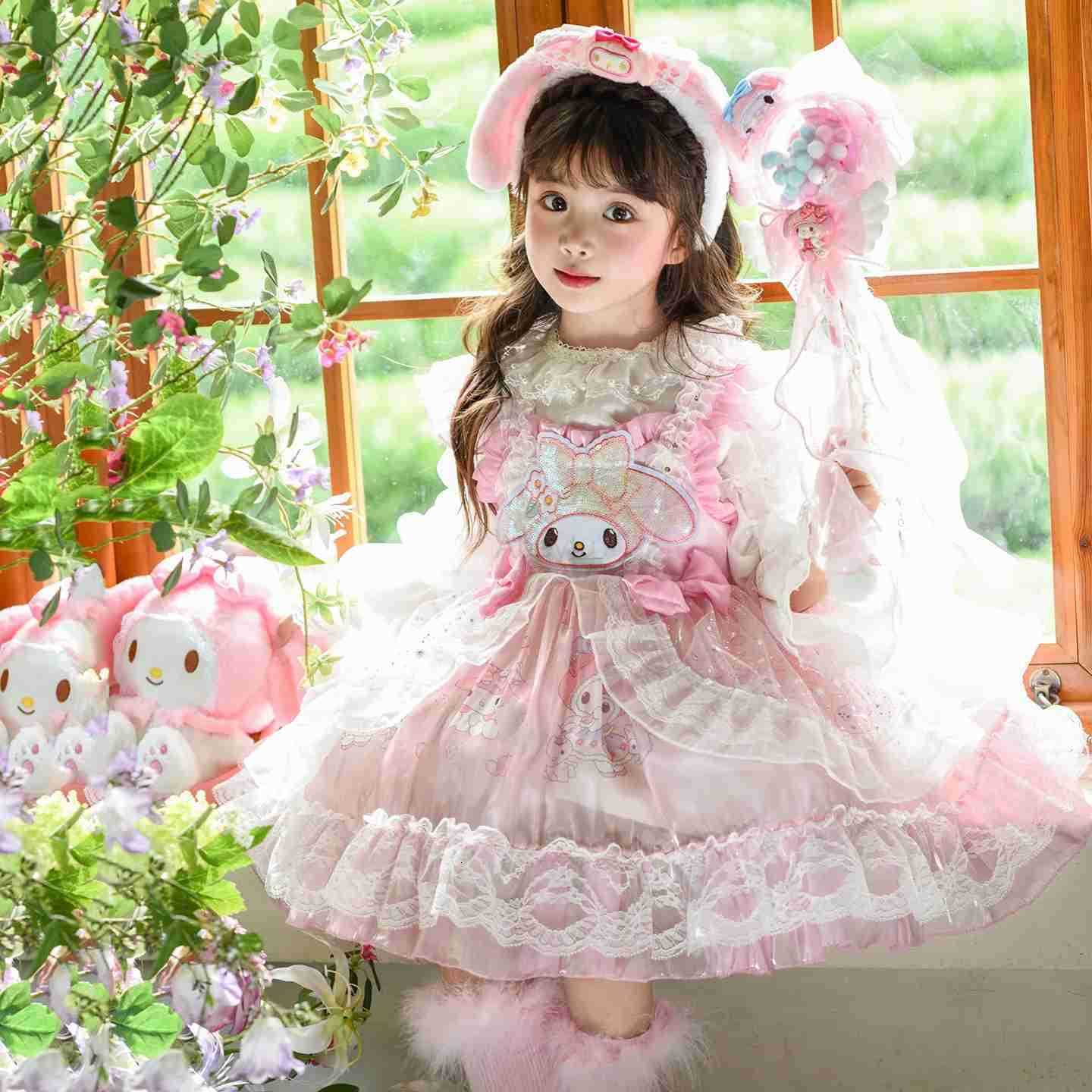 Sanrio Anime My Melody Vintage Lace Girls Lolita Dress with Ruffled Tutu Skirt Sequin Princess Layered Ball Gown for Kids Party Wear H251216