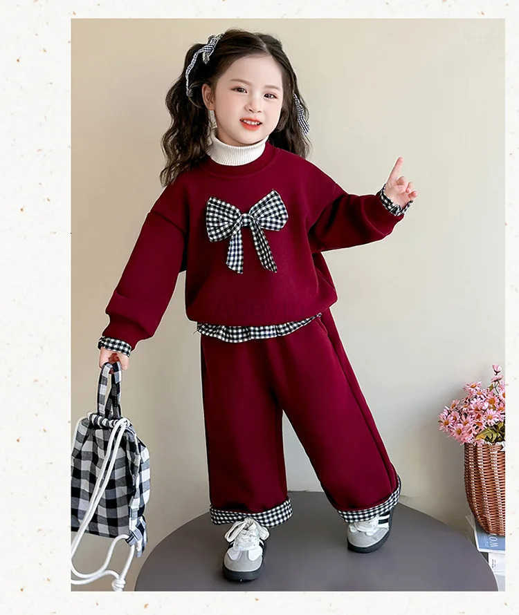 Sanrio Girls Suit 2025 Spring and Autumn New Childrens Clothes Girls Baby Fashion Sweet Bow Plus Velvet Hoodie Pants Two Sets H251216