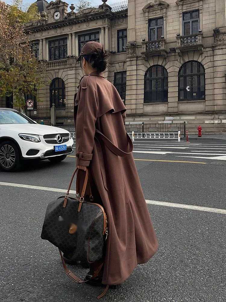 V-neck Double Breasted Temperament Windbreaker Woolen Coat Womens Winter New Loose Casual Long Coat Trench Brown Tops LS1XT251216