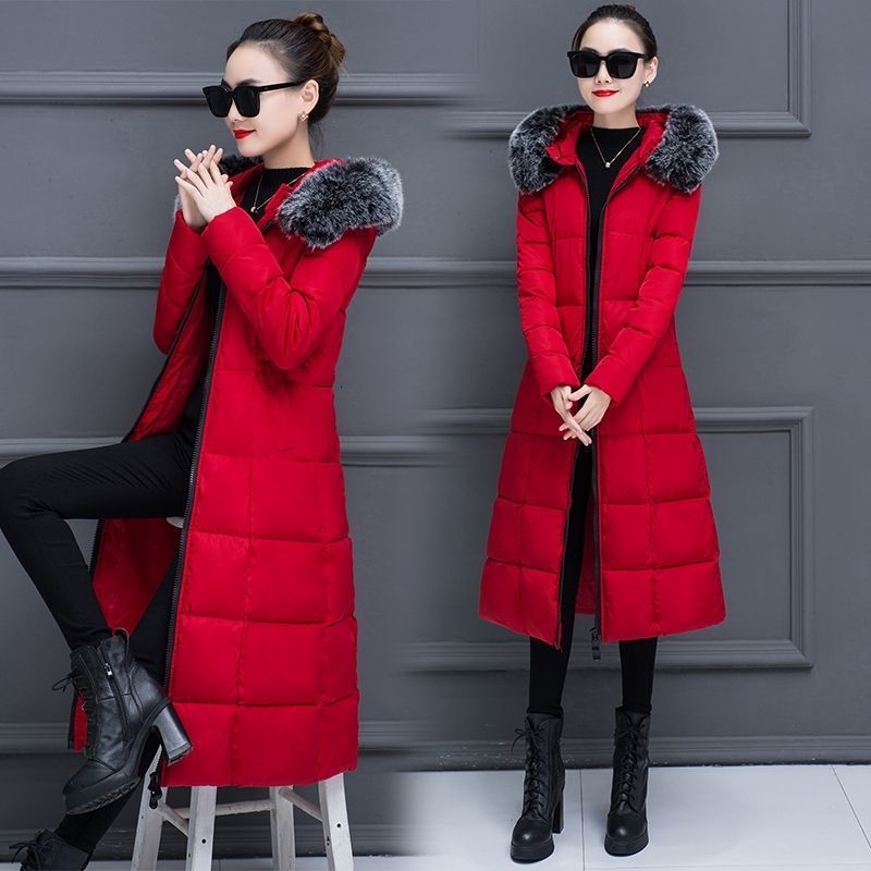 2025 Korean Style Cotton Jacket for Women Winter Long OvertheKnee Thick Slim Fit Large Fur Collar Warm Down Cotton Jacket 210923