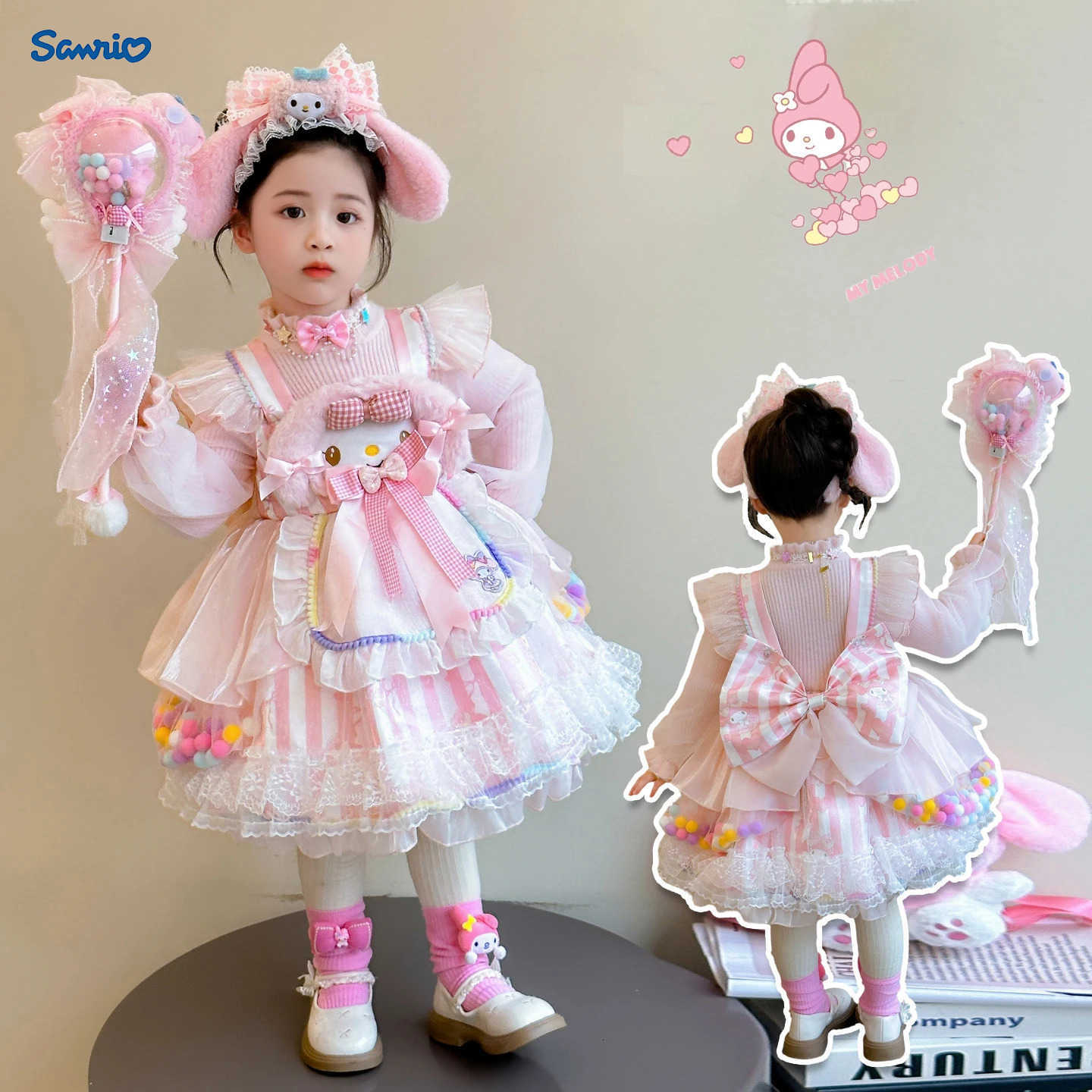 Sanrio Anime My Melody Girls Lolita Princess Party Dress with Bow Decoration Sweet Ruffled Tutu Skirt Layered Design for Festival Gift H251216