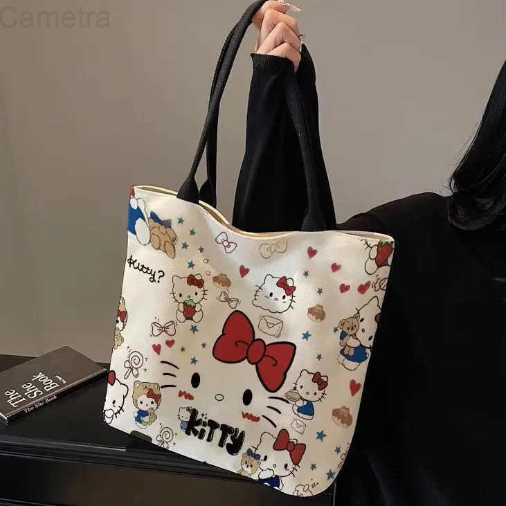 Sanrio Hello Kitty Canvas Shoulder Bag Cute Cartoon KT Cat Large Capacity Handbag Girls Backpack Schoolbag Holiday Gifts H251216