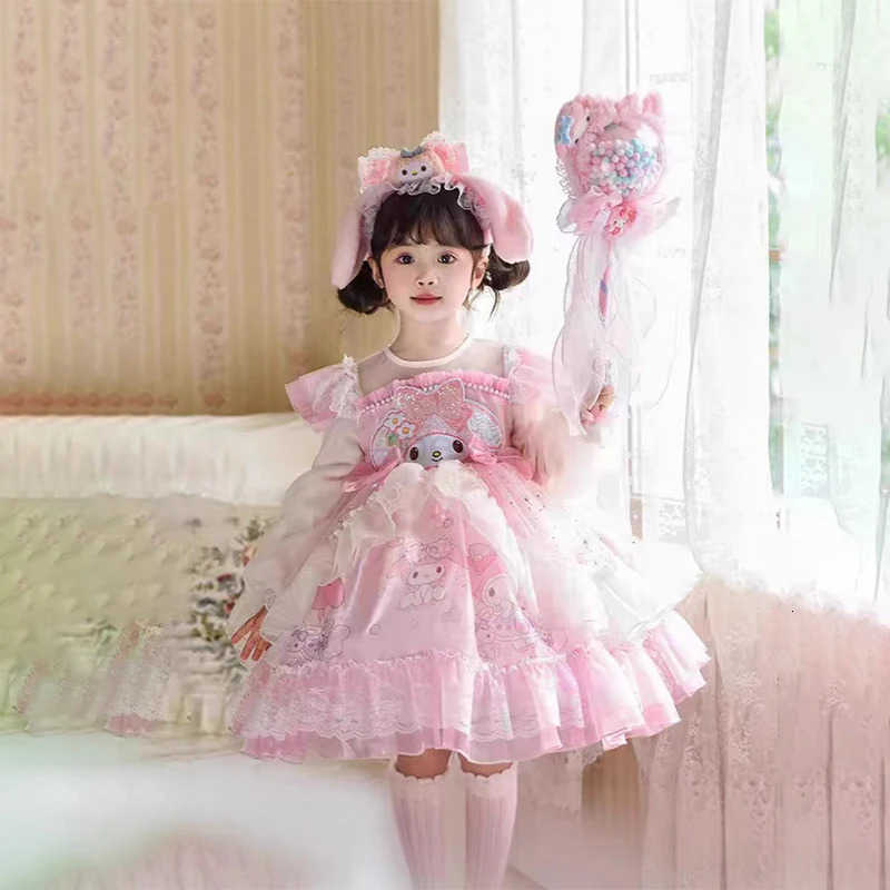 Sanrio Anime Melody Girls Lolita Dress Vintage Lace Party Dress for Kids Ruffled Cinnamoroll Princess Costume Yarn Skirt Holiday Gifts H251216