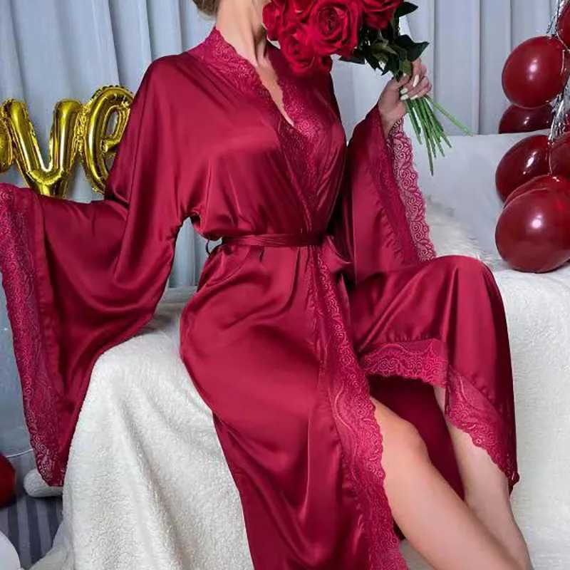Red Ultra Long Kimono Bathrobe Gown Women Satin Nightgown Wide Sleeve Robe Silky Nightdress V-Neck Lounge Autumn New Sleepwear C251216