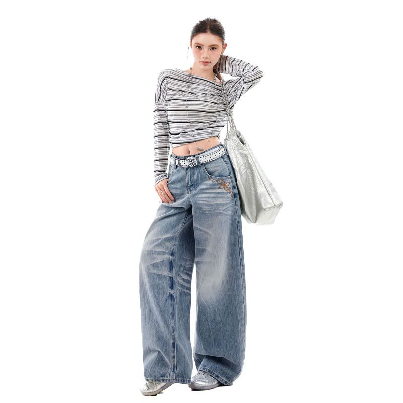 Retro heavy industry cat whiskers design, gradient lightning pattern bamboo joint fabric, loose and slimming straight-leg wide-leg pants----955#