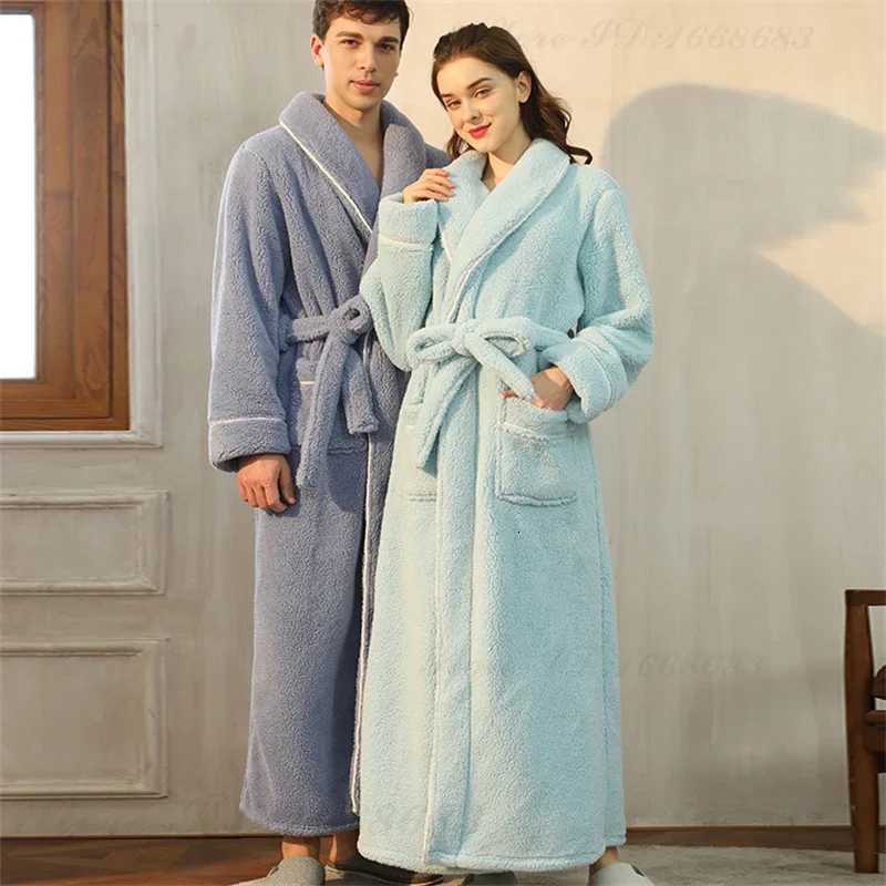 Autumn Winter Warm Bathrobe Gown Home Clothes Thicken Coral Fleece Couple Sleepwear Long Robe Loose Flannel Female Lounge Wear C251216