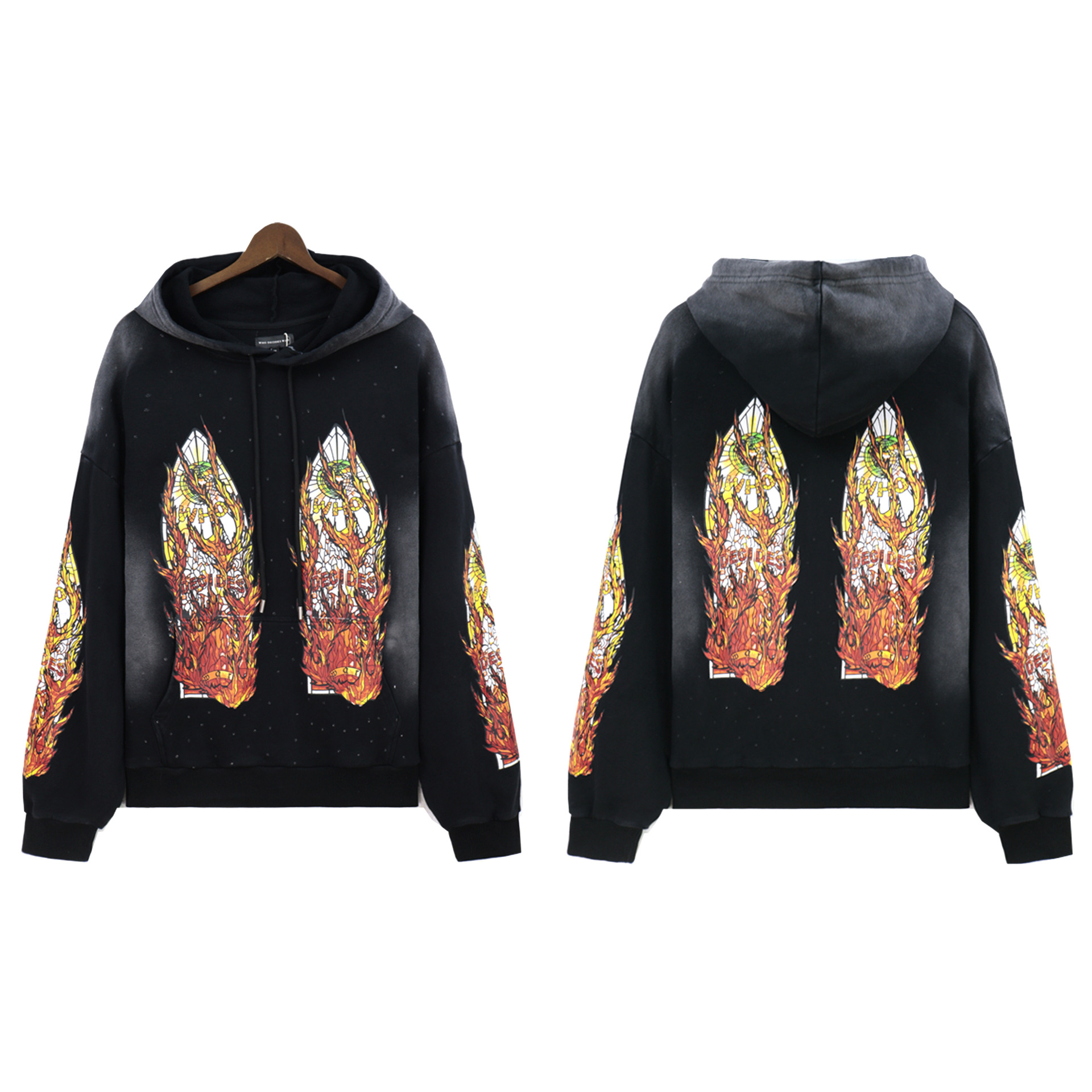 Loose fashionable washed-out casual distressed heavy-duty printed set retro men's hooded sweatshirt trend