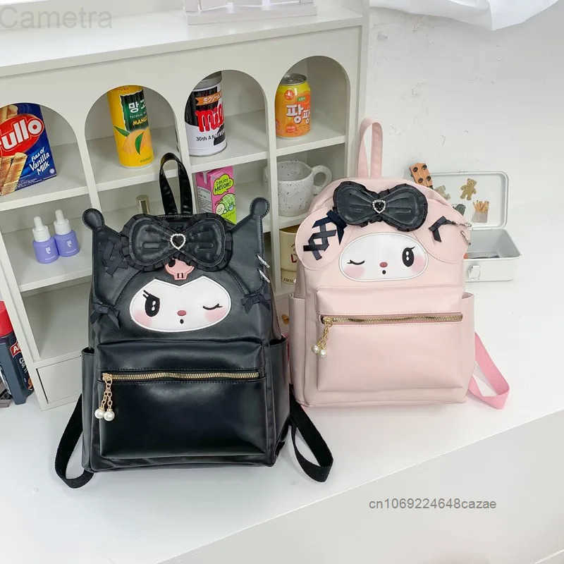 Sanrio Hello Kitty Kuromi My Melody Cute Leather Backpack Large Capacity Simple Trendy Shoulders Bag Sweet Girl Casual Backpack H251216