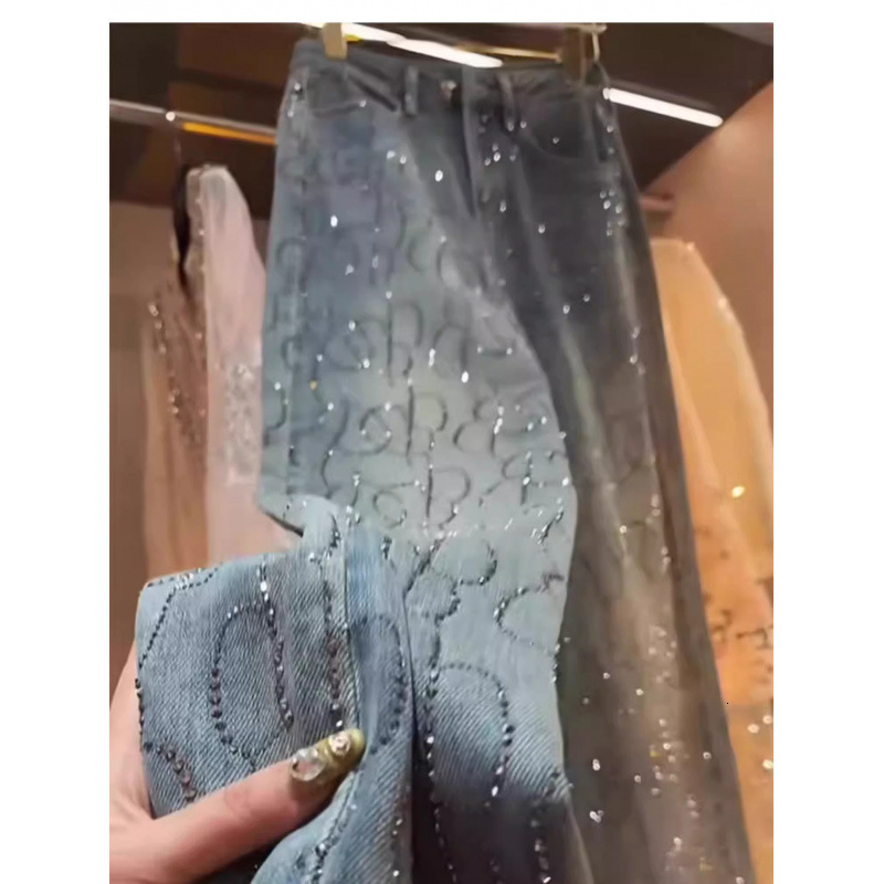 Designer Luxury Rhinestone Jeans For Women 2026 Spring Summer New Design High Waist Heavy Craft Shiny Loose Straight Wide Leg Floor-length Pants