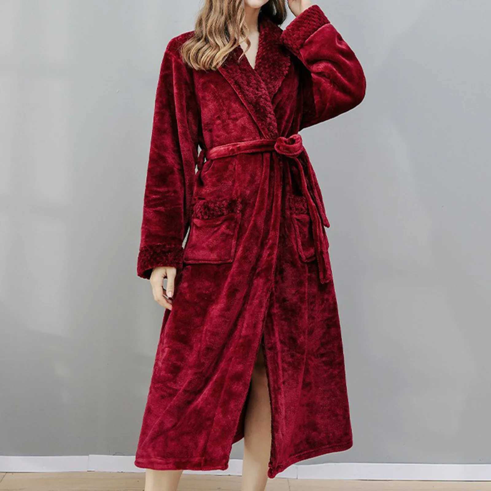 Winter Thick Coral Fleece Robe For Women Bathrobe Sexy Lady Soft Long Kimono Robe Long Sleeve Sleepwear Warm Flannel Nightwear C251216