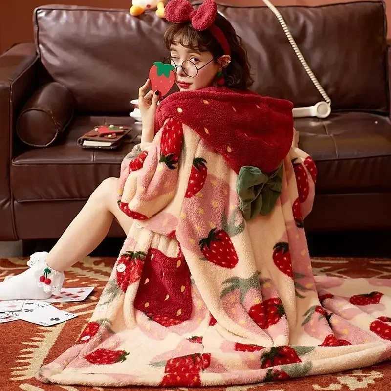 Kawaii Flannel 2024 Winter Kimono Nightgown Strawberry Cute Home Wear for Women Sleepwear Warm Bathrobe Cartoon Hooded Long Robe C251216