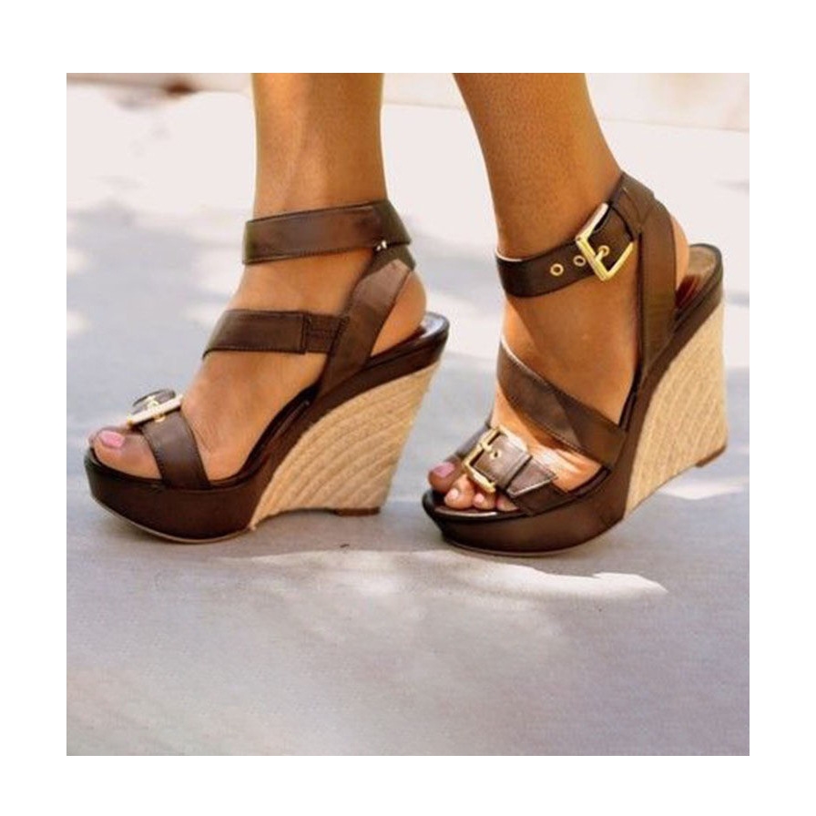 Free shipping designer sandals with grass woven sole high slope heel ankle buckle strap metal decoration women's plus size sandals 34-43