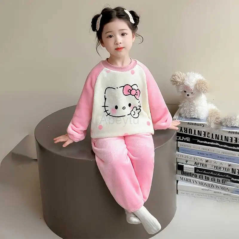 Sanrio Hello Kitty Flannel Pajamas Two-Piece Set Pullover Pants Girl Autumn Tops Child Kawaii Cartoon Fashion Casual Homewear H251216