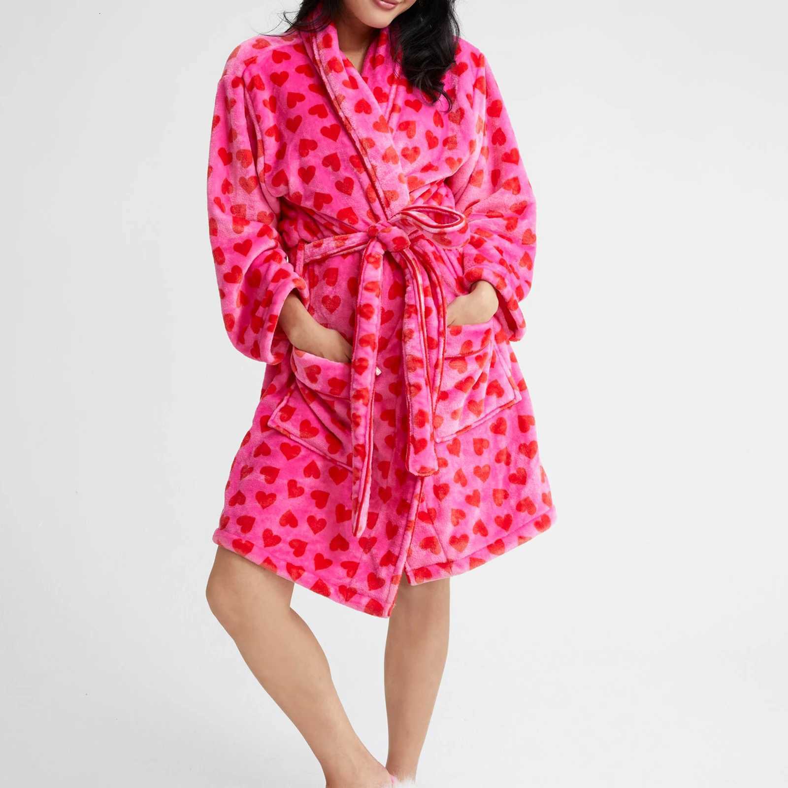 Warm Flannel Robe Women Winter Plush Sleepwear Long Sleeve Lapel Tie-up Stripe Heart Candy Triangle Prints Bathrobe Kimono Robe C251216