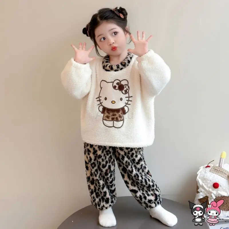 Sanrio Girl Loungewear Set Hello Kitty Anime Kawaii Loose Round Neck Thickening Winter Flannel Leopard Print Children Clothing H251216