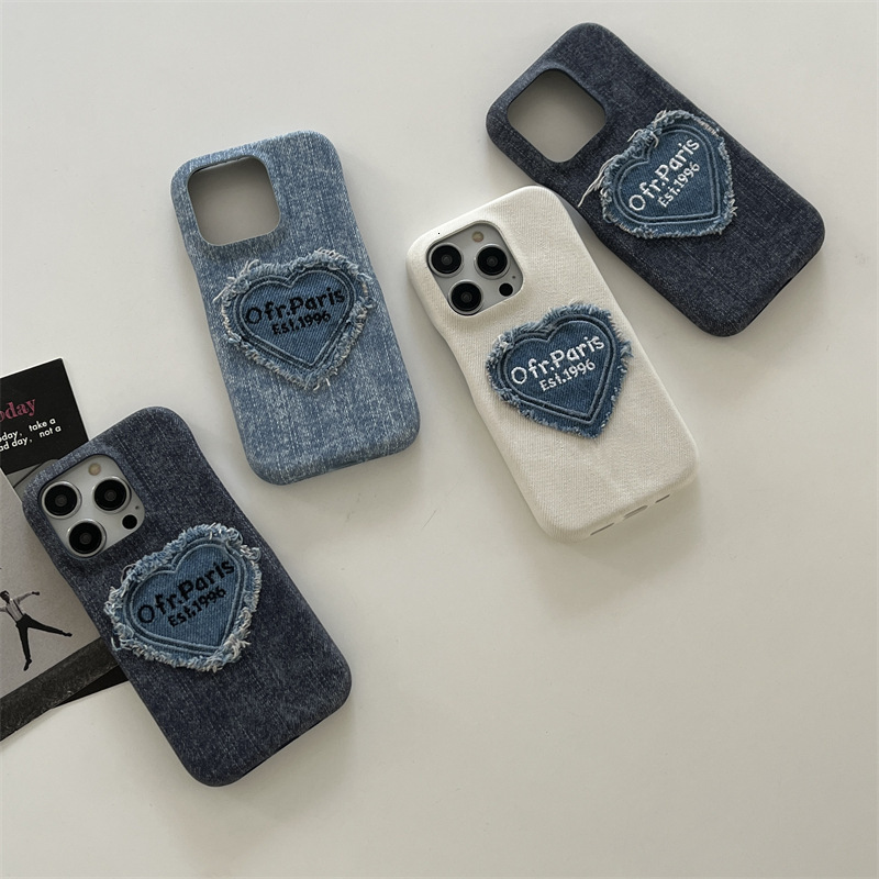 Denim Embroidered Heart English Suitable iPhone 17 Pro Max Apple 16/15 Retro Phone Case 13/14 for Women