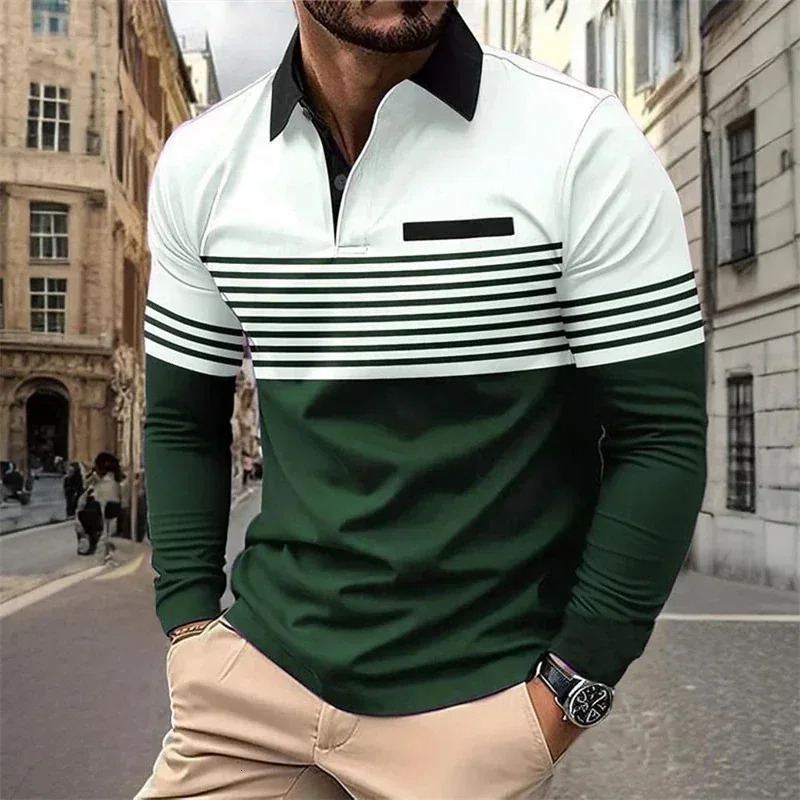 Polo graphic horizontal striped mens autumn and winter long-sleeved shirt Polo sports casual daily use 3d printed breathable bu 251211