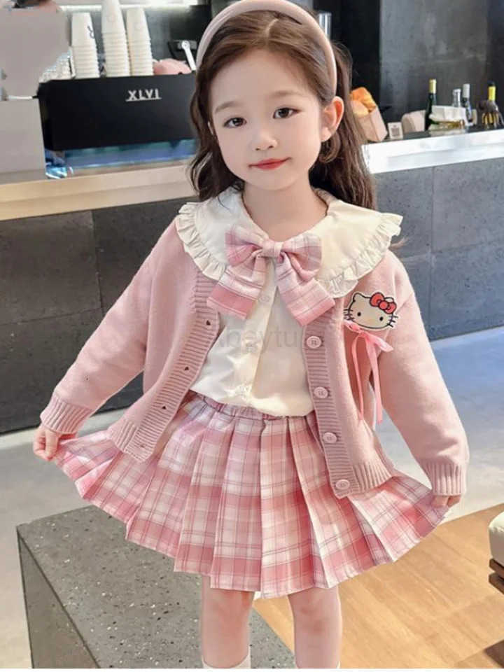 Sanrio Kawaii Girls Fashion Jk Skirt Set Hello Kitty Anime College Style Cartoon Doll Collar Shirt Pleated Skirt Cardigan Jacket H251216