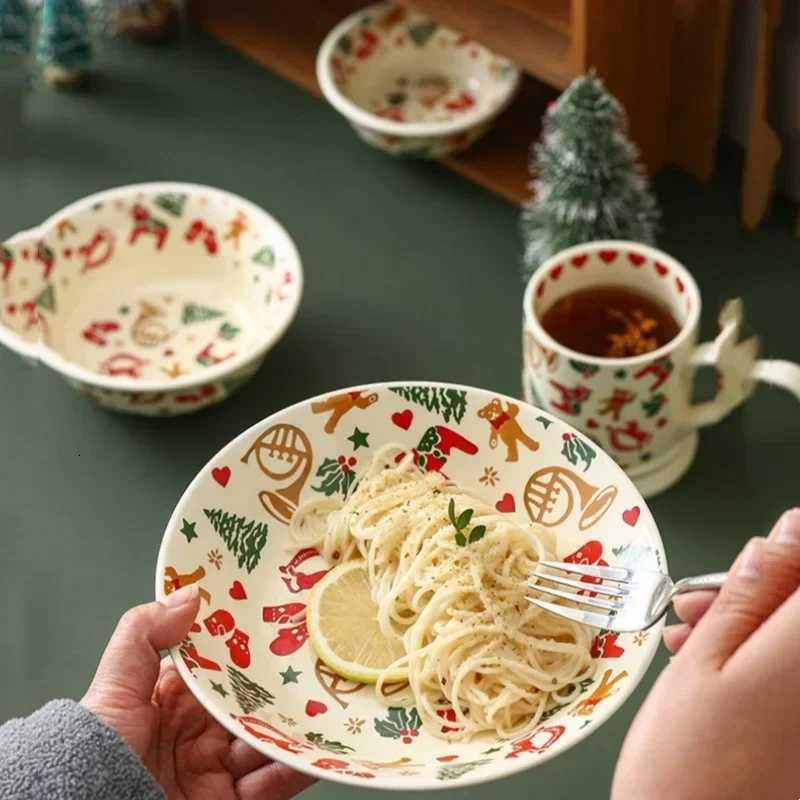 Christmas Ceramic Tableware Retro Bowls Plates Water Cup Breakfast Dessert Noodle Bowls Coffee Milk Cup Microwaveable Xmas Gift H251215