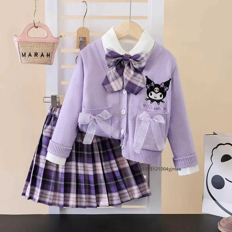 Sanrio Anime 3Pcs Kuromi Melody Girls Jk Plaid Skirt Set Fashion Cardigan Pleated Skirt Kids Spring Autumn College Style Teen H251216