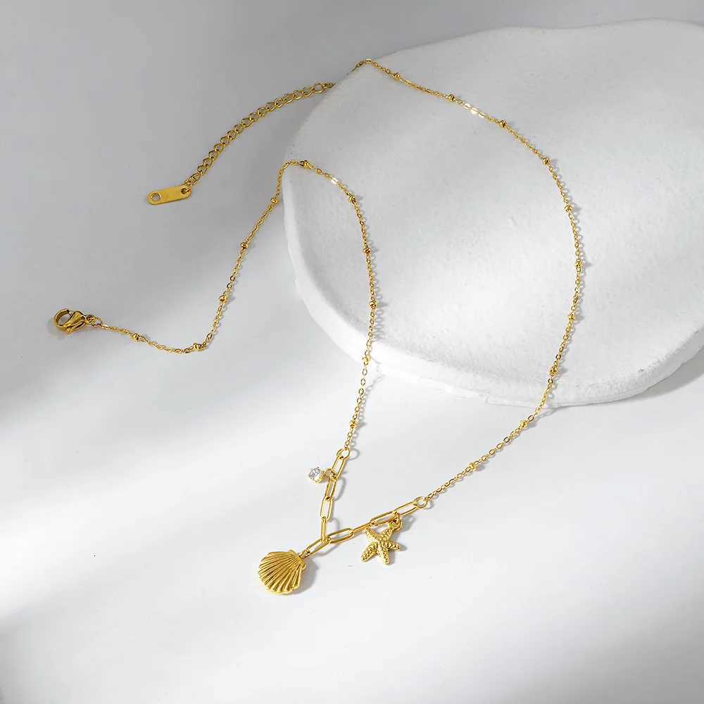 Summer Ocean Style Shell Starfish Charm Necklace Minimalist Zircon Stainless Steel Necklace for Women M251216