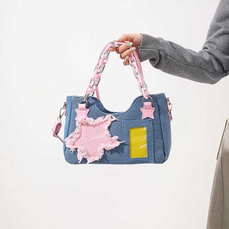 Vintage Shoulder Underarm Fashion Star Design Tote Denim Crossbody Bag Women Chain Zip Purses and Handbags M251216