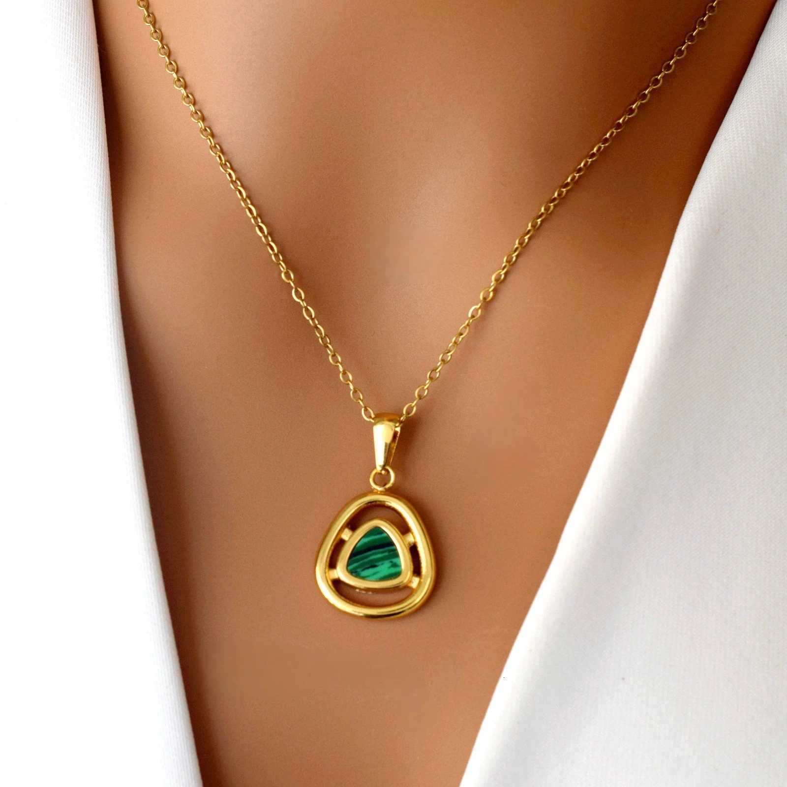 Womens Green Opal Pendant Necklace Hollow Triangle Stainless Steel Fashion Jewelry Accessory M251216