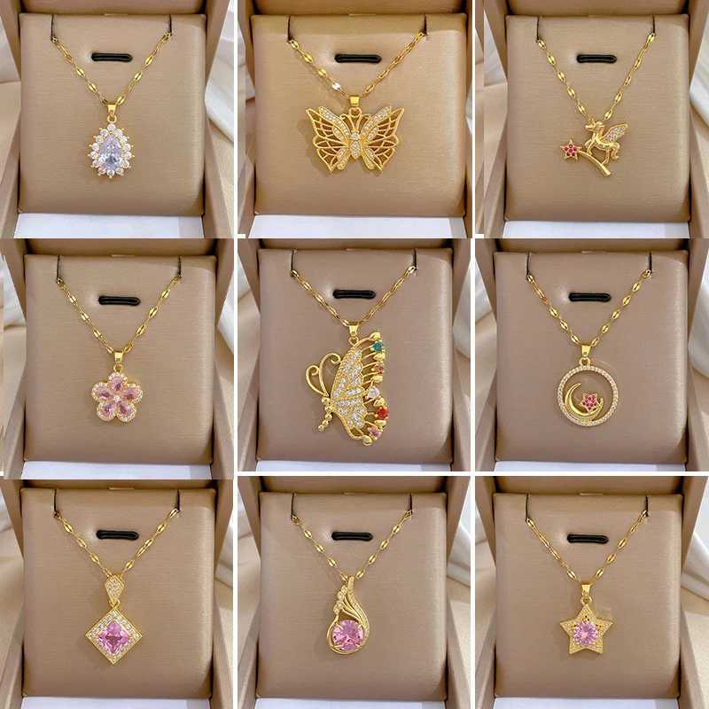 OIMG 316L Stainless Steel Gold Plated Charming Colorful Rhinestone Butterfly Pendant Neckalce For Women Girls Luxury Jewelry M251216