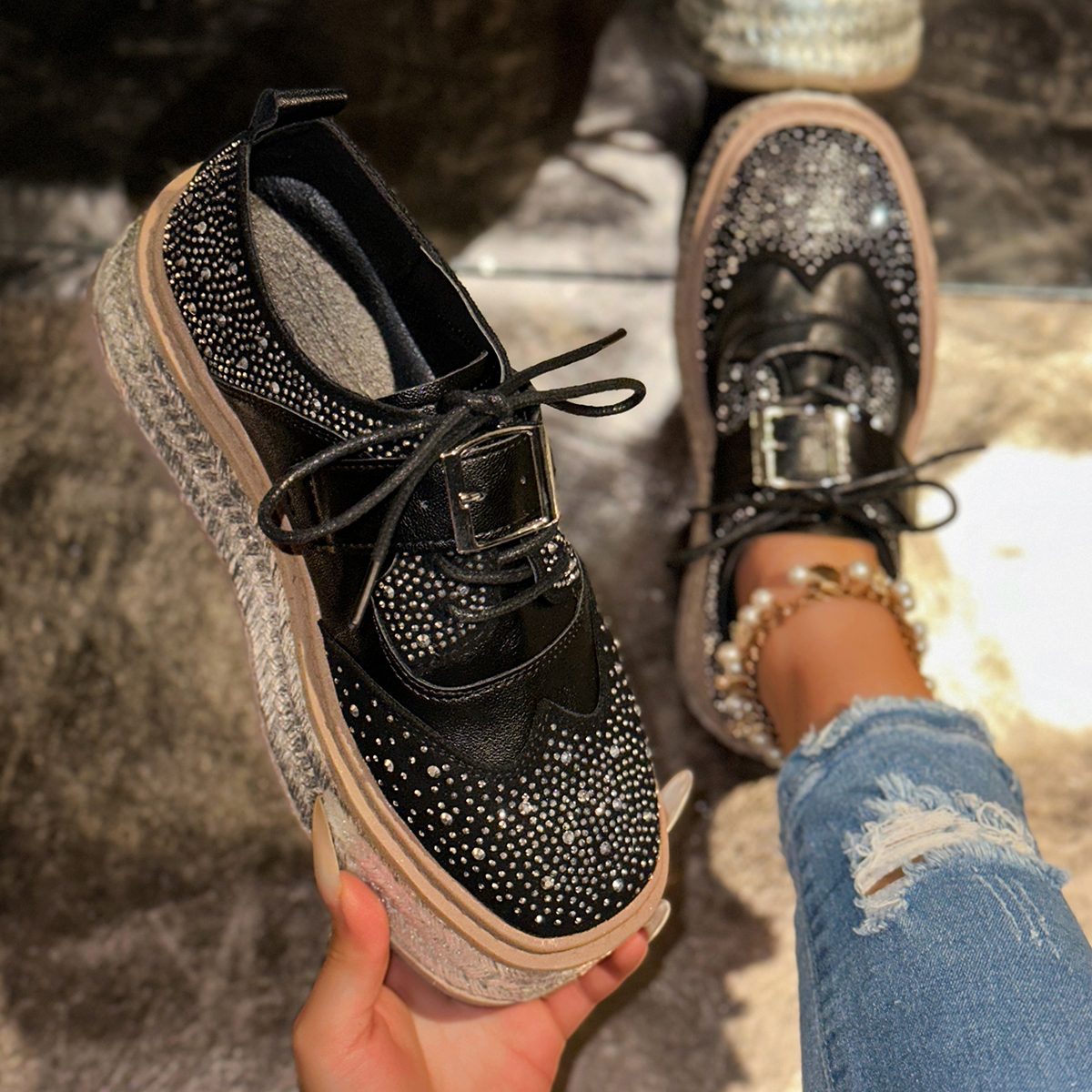 Women Luxury Sneakers Outdoor Platform Female Sneakers Women Fashion Luxury Rhinestone Ladies Shoes Hemp Sole Height Increasing Women's Shoes Zap