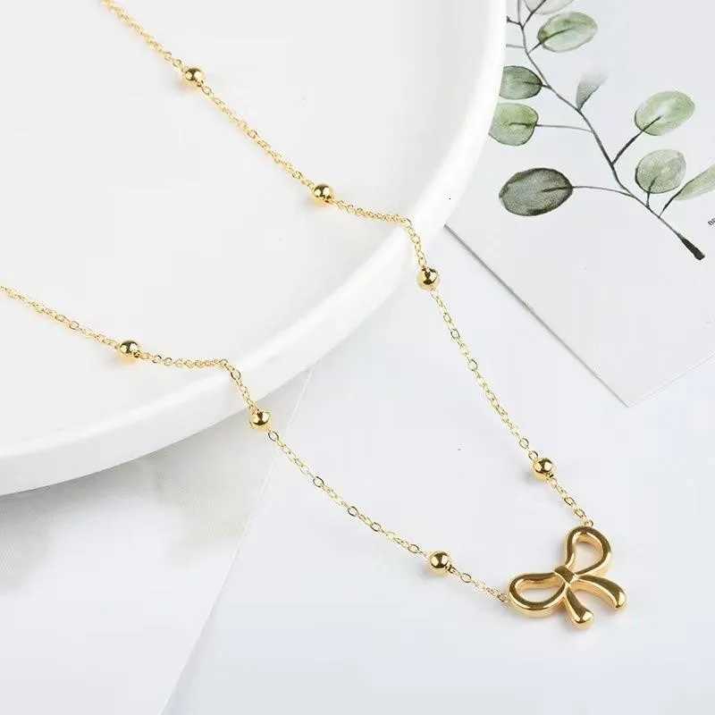ANENJERY L316 Stainless Steel Beads Chain Hollow Bowknot Pendant Necklace for Women Niche Simple Jewery Accessory M251216