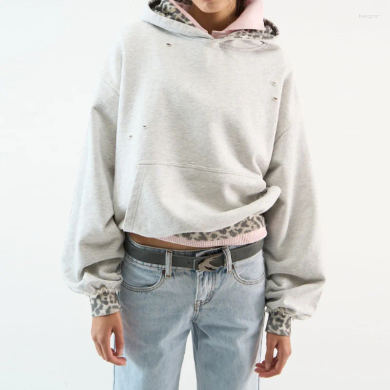 Women's Hoodies Stylish Girl Leopard Patchwork Sweatshirt Men Casual Full Sleeve Pocket Loose Short Top Autumn Daily Commute Outwear