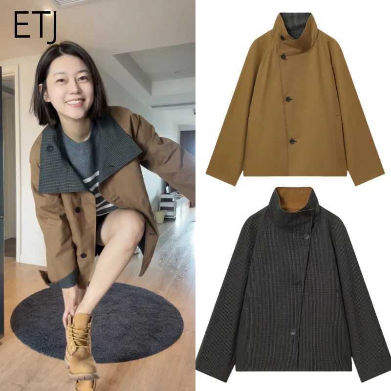 ETJ 2025 autumn winter new womens fashion loose version of high neck short double-sided trench coat casual coatT251216