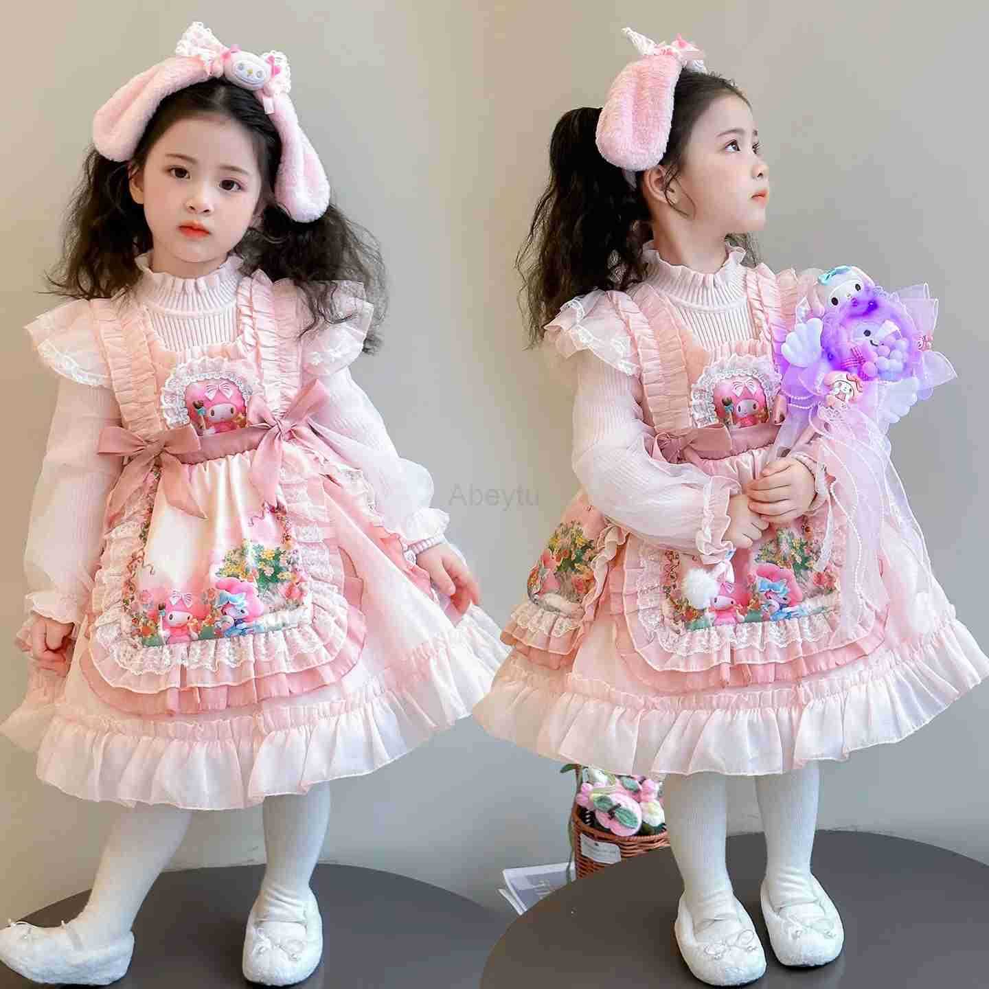 Sanrio Anime My Melody Girls Lolita Princess Dress Bow Decoration Party Dress Ruffled Tutu Skirt Layered Dress Ball Gown Festival Gift H251216
