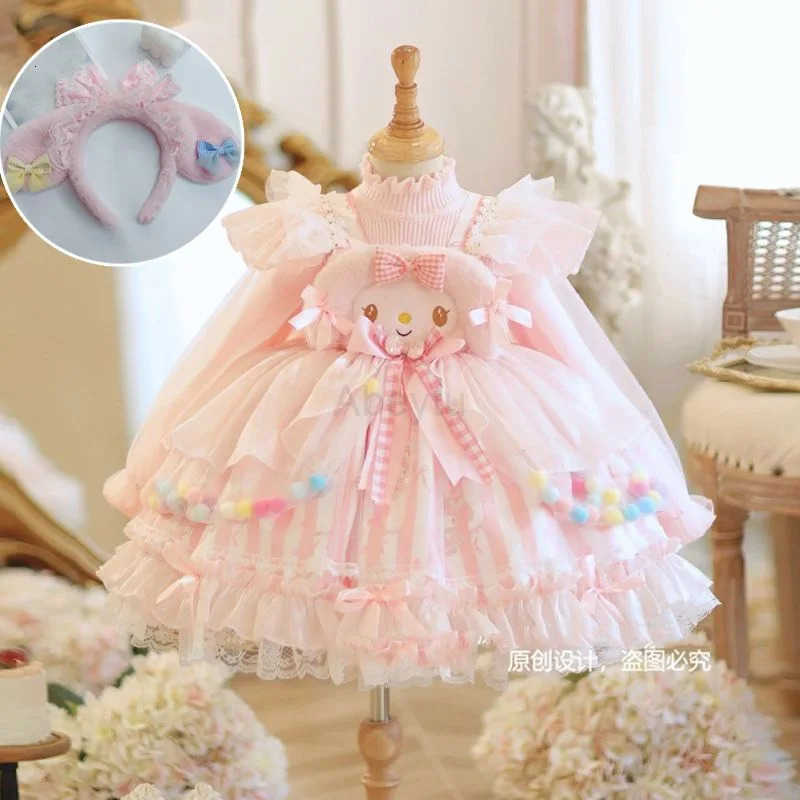 Sanrio Winter Kawaii Children Sweater Dress Anime Plush Warm Cartoon Princess Blue Lolita Dress Cute Birthday Party Cosplay Dress Gift H251216