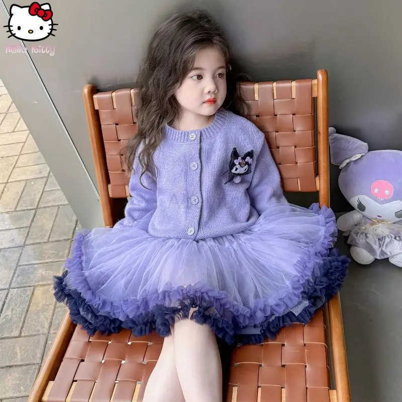 Sanrio Anime Cartoon Girls Clothing Hello Kitty Kuromi Knitted Cardigan Puffy Skirt Suit Kawaii New College Style Tutu Skirt2Pcs H251216